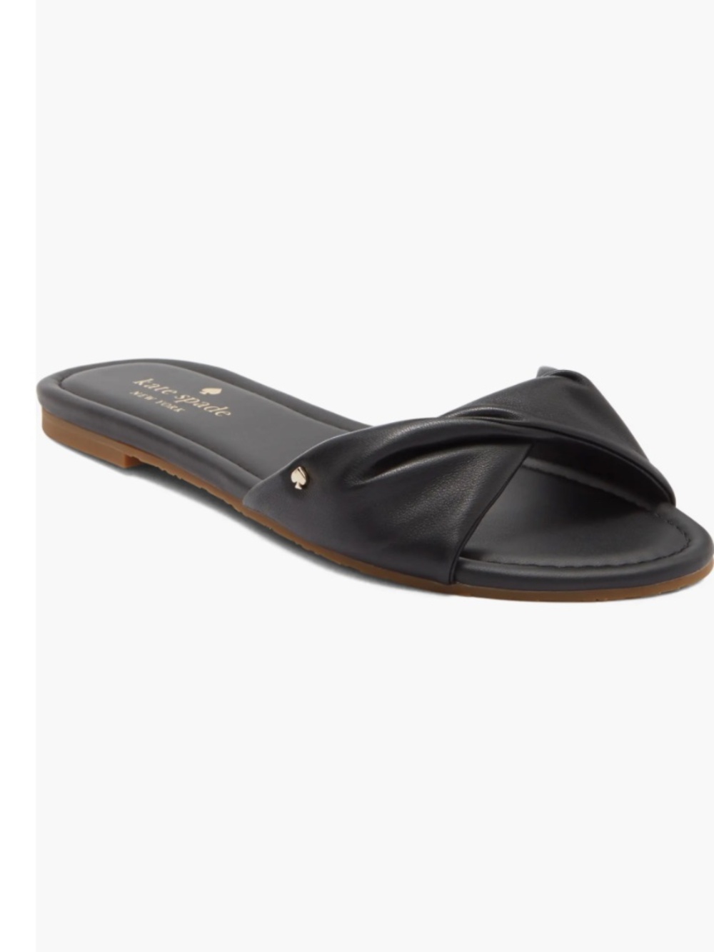 Kate Spade New York Miley Black Leather Twist Slide Flat Sandals w Gold Spade 8